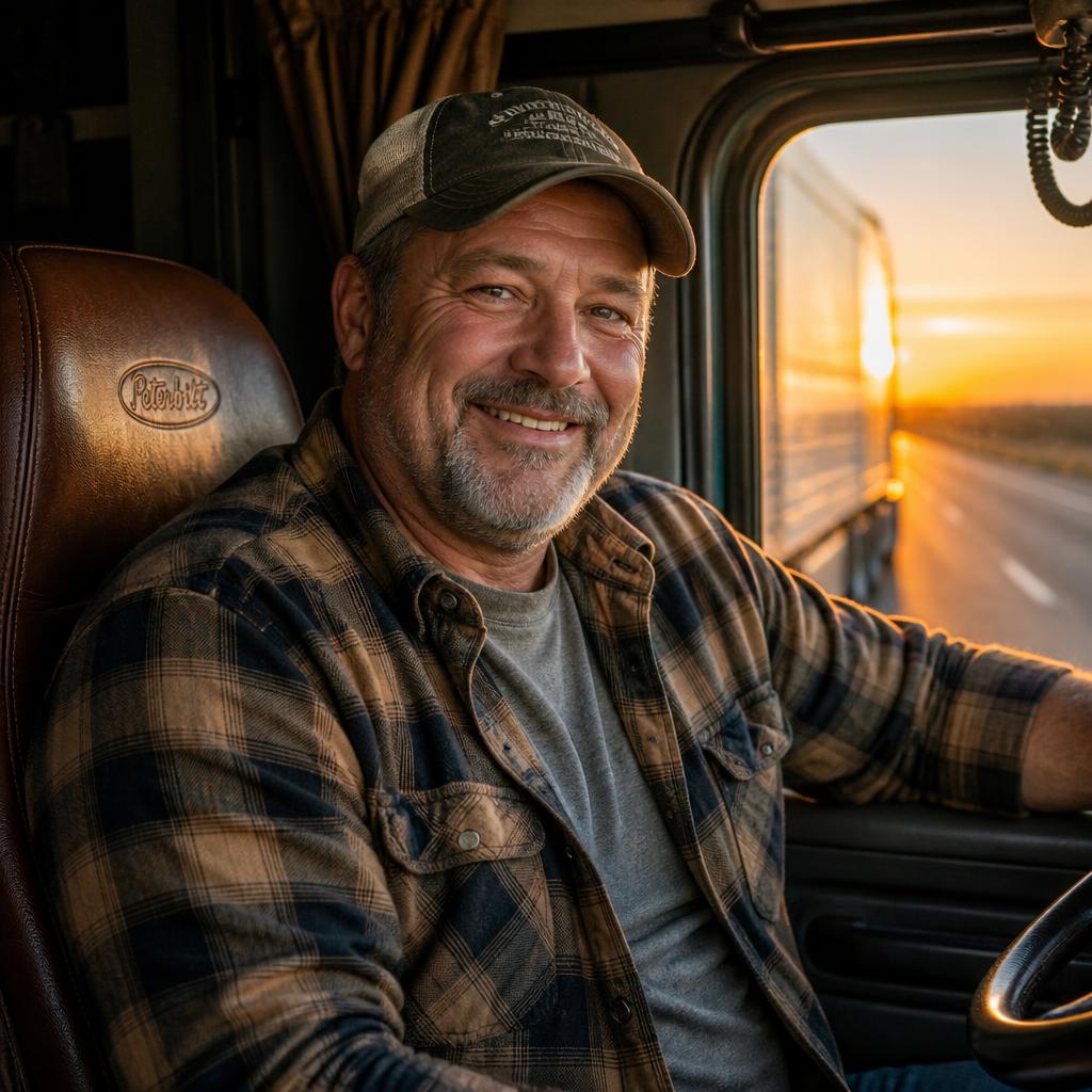 Owner-operator smiling in the cab of his truck at sunset